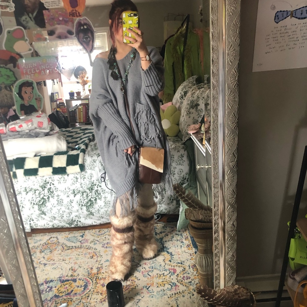 Grey Blakeley Sweater Fringe Dress Size Petite Small